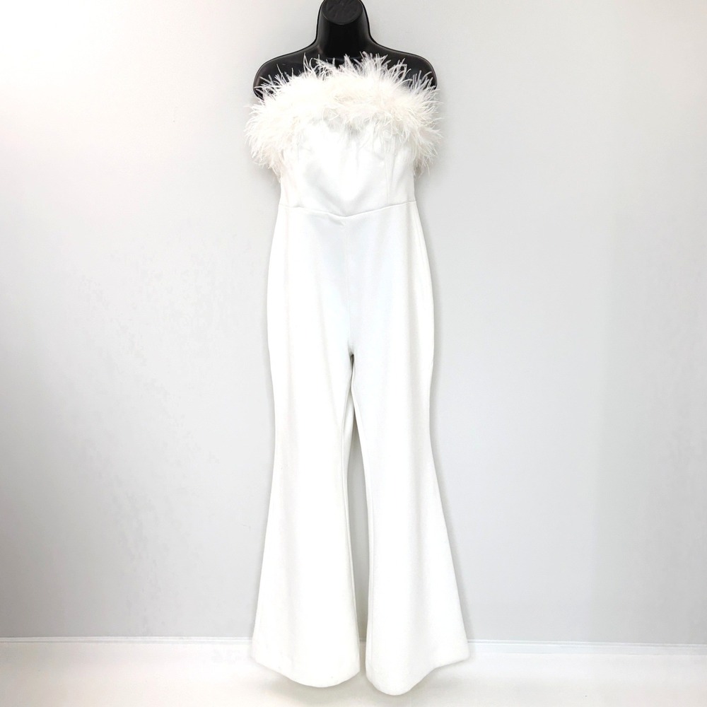 Nadine Merabi Jumpsuit Feather Trim Strapless Wide Leg Large White